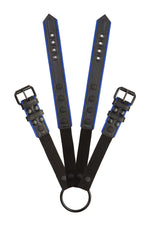 Pair of black and blue leather combat harness connectors with black hardware. Connected. Front view.