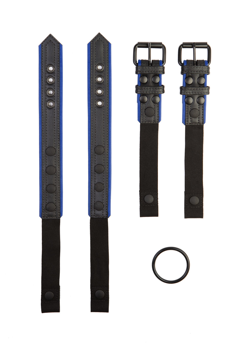 Pair of black and blue leather combat harness connectors with black hardware. Separated. Front view.