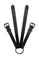 Pair of black and grey leather combat harness connectors with black hardware. Connected. Front view.