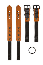 Pair of black and orange leather combat harness connectors with black hardware. Separated. Back view.