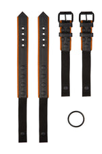Pair of black and orange leather combat harness connectors with black hardware. Separated. Front view.