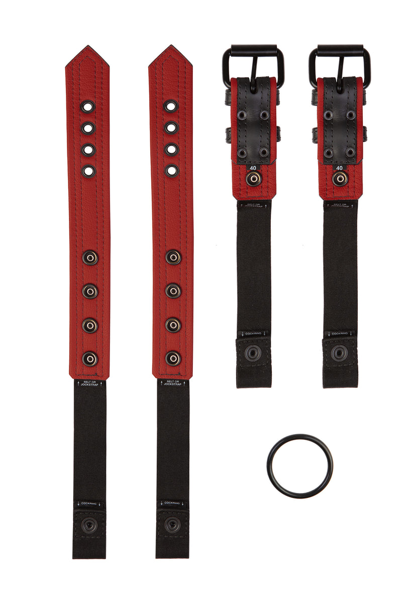 Pair of black and red leather combat harness connectors with black hardware. Separated. Back view.
