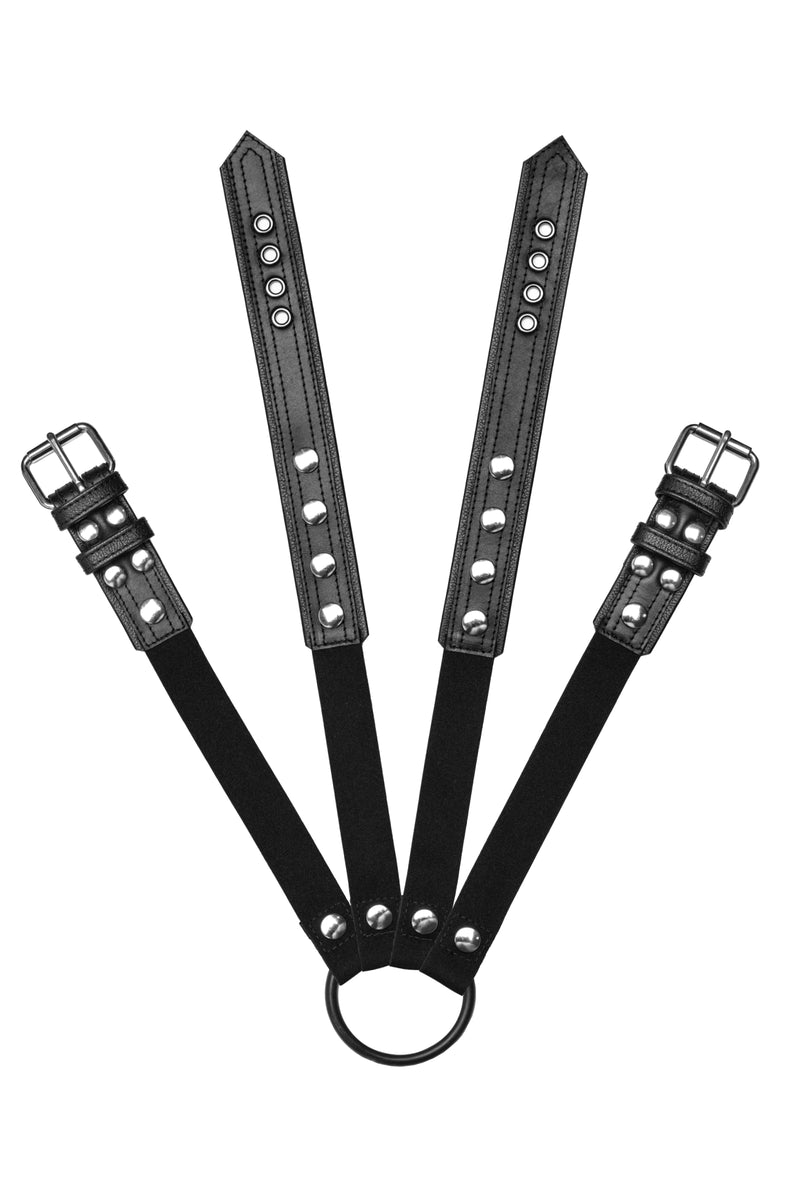 Pair of black leather combat harness connectors with stainless steel hardware. Front.