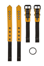 Pair of black and yellow leather combat harness connectors with black hardware. Separated. Back view.
