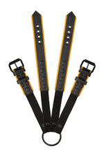 Pair of black and yellow leather combat harness connectors with black hardware. Connected. Front view.
