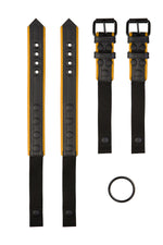 Pair of black and yellow leather combat harness connectors with black hardware. Separated. Front view.