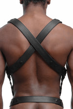 Model wearing matt black universal x harness back view