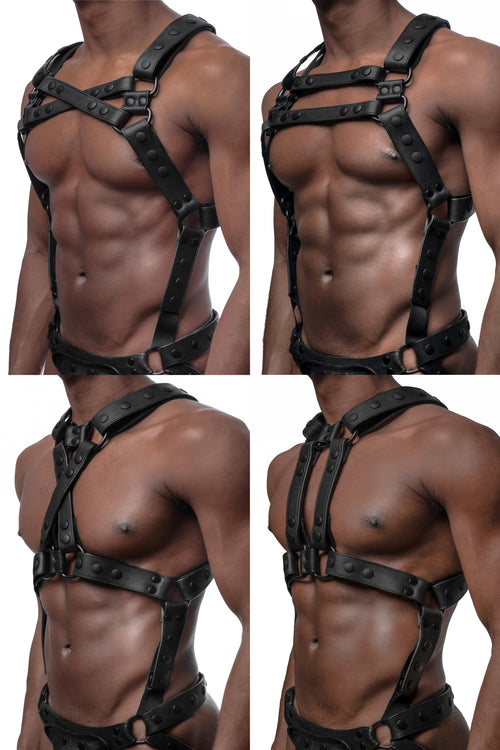 All 4 versions of model wearing matt black universal x harness