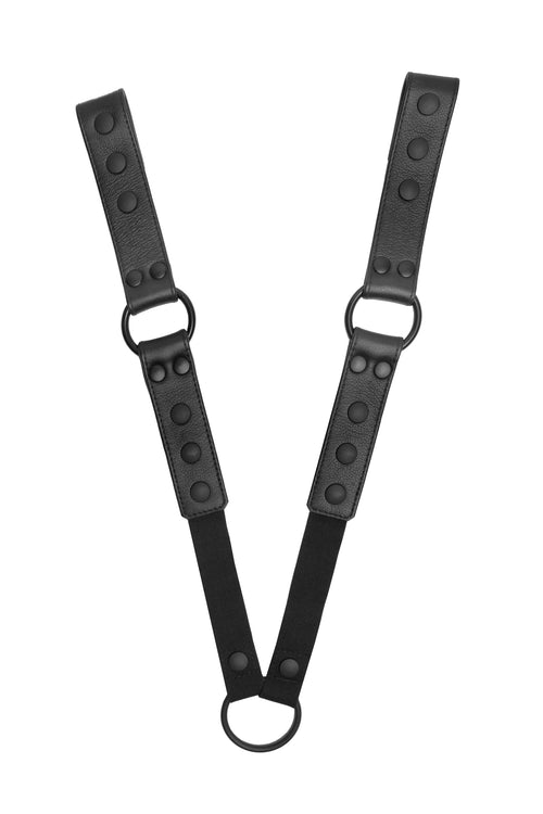 Pair of black leather universal x harness connectors with black hardware.