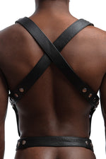 Model wearing stainless steel universal x harness back view
