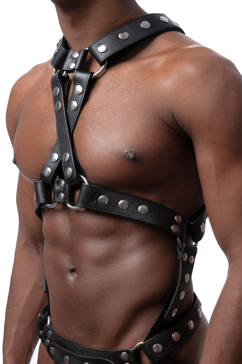 Model wearing stainless steel universal x harness version 3