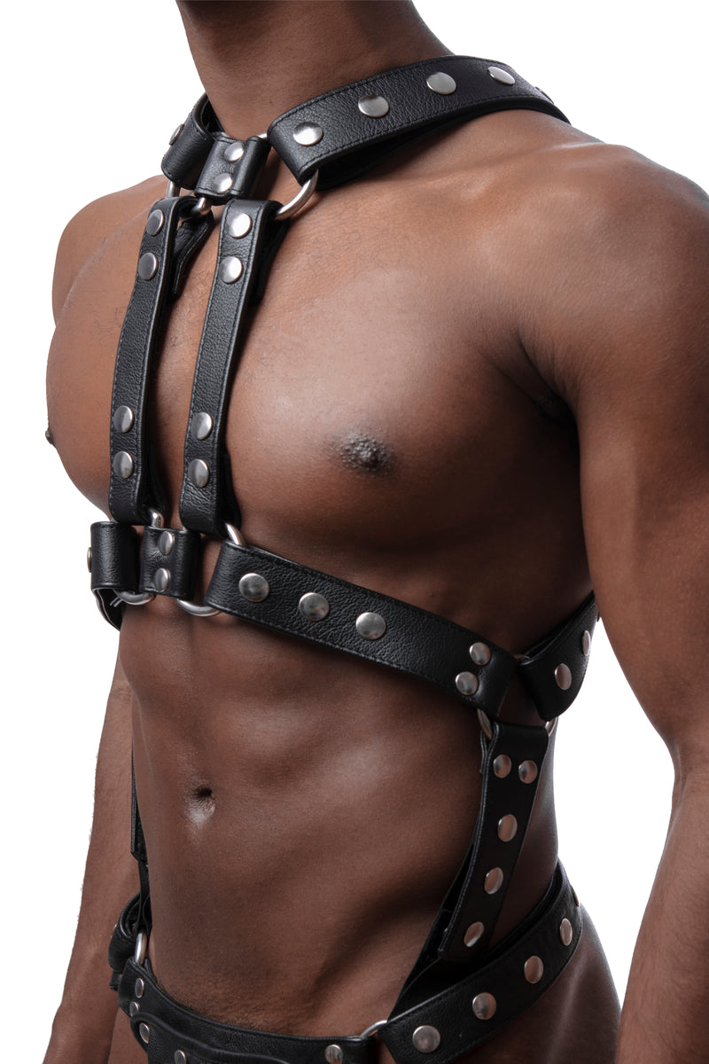 Model wearing stainless steel universal x harness version 4