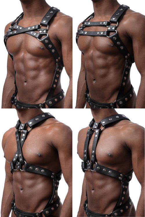 All 4 versions of model wearing stainless steel universal x harness