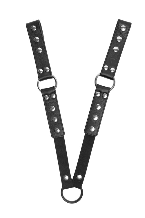 Pair of black leather universal x harness connectors with stainless steel hardware.