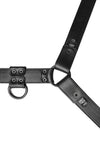 Black leather bulldog harness with black hardware. Lining.