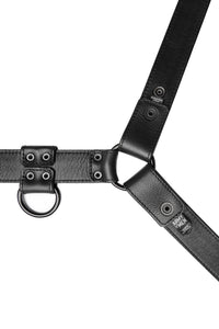Black leather bulldog harness with black hardware. Lining.