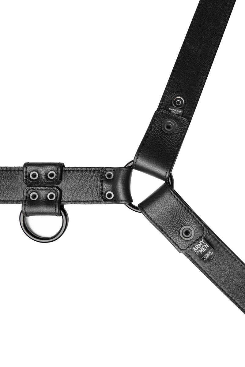 Black leather bulldog harness with black hardware. Lining.