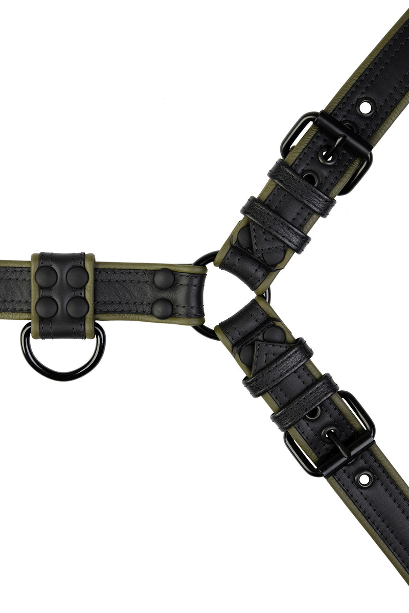 Black and army green leather combat bulldog harness with matt black metal hardware. Front view.