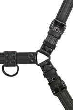 Black leather combat bulldog harness with matt black metal hardware. Front view.