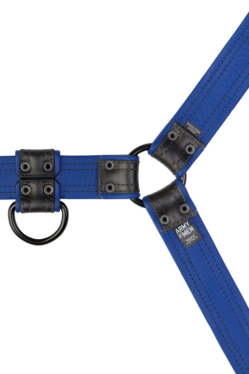 Black and blue leather combat bulldog harness with matt black metal hardware. Back view.