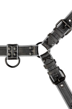 Black and grey leather combat bulldog harness with matt black metal hardware. Front view.