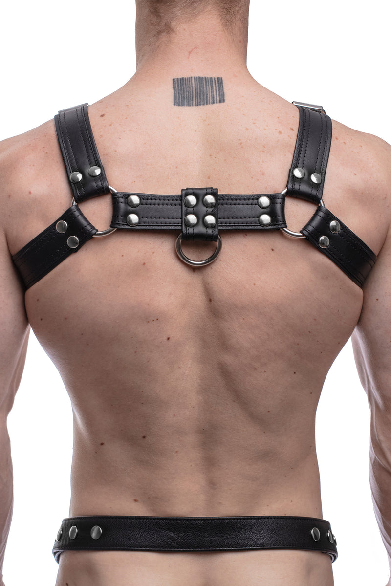 Model wearing black leather combat bulldog harness with stainless steel hardware. Back view.