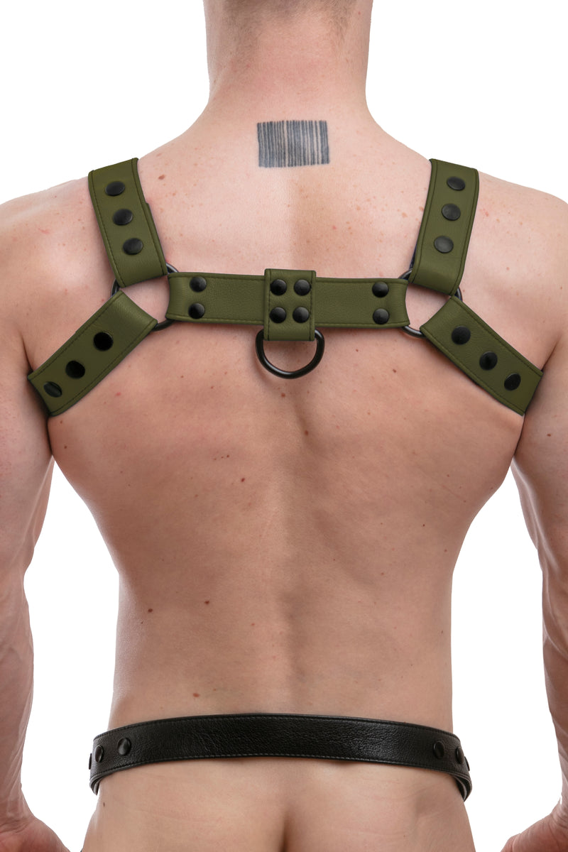Model wearing full army green leather bulldog harness. Back