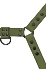 Full army green leather bulldog harness with black hardware.