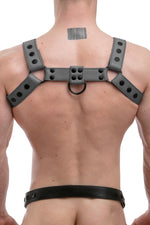 Model wearing full grey leather bulldog harness. Back