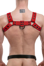 Model wearing full red leather bulldog harness. Back