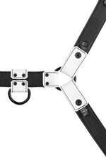 Product photo of a white leather bulldog harness with black hardware. Back view.