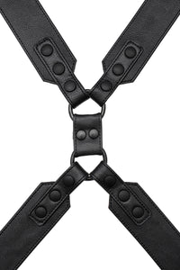 Black leather commander harness with matt black hardware