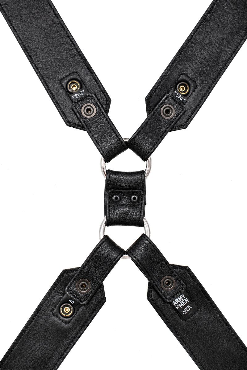 Black leather commander harness with stainless steel hardware