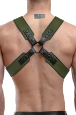 Model wearing an army green leather sergeant harness
