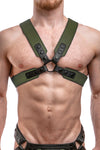 Model wearing an army green leather sergeant harness