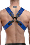Model wearing a blue leather sergeant harness