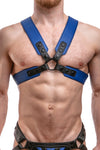 Model wearing a blue leather sergeant harness