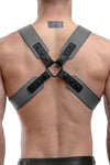 Model wearing a grey leather sergeant harness