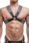 Model wearing a grey leather sergeant harness