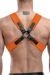 Model wearing an orange leather sergeant harness