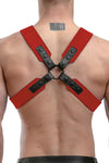 Model wearing a red leather sergeant harness