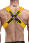 Model wearing a yellow leather sergeant harness