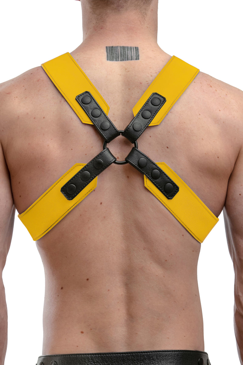 Model wearing a yellow leather sergeant harness