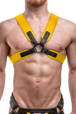 Model wearing a yellow leather sergeant harness