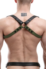 Model wearing army green leather shoulder buckle harness back