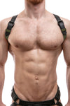 Model wearing army green leather shoulder buckle harness front