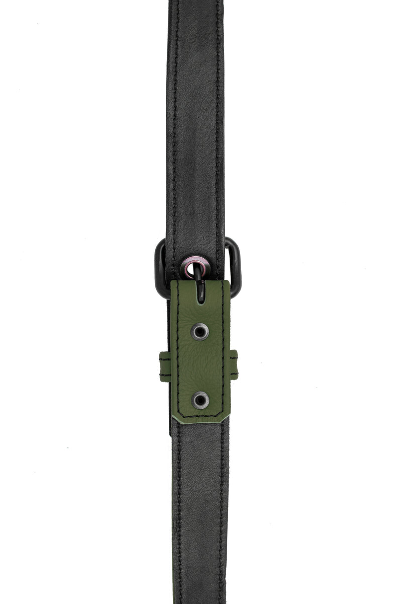 Army green leather shoulder buckle harness lining front
