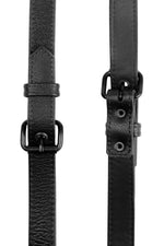 Black leather shoulder buckle harness with black hardware front view