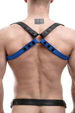 Model wearing blue leather shoulder buckle harness back