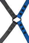 Blue leather shoulder buckle harness back